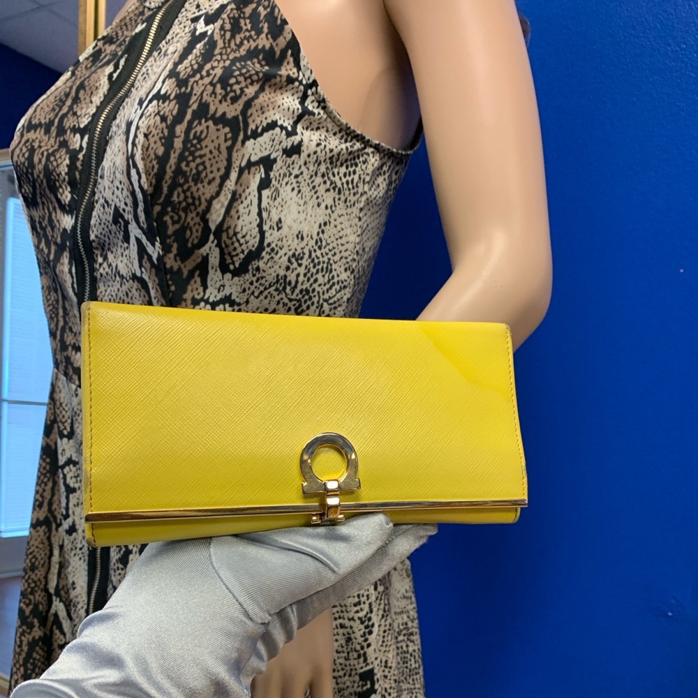 Salvatore Ferragamo Gancini Icona Saffiano Yellow Long Wallet